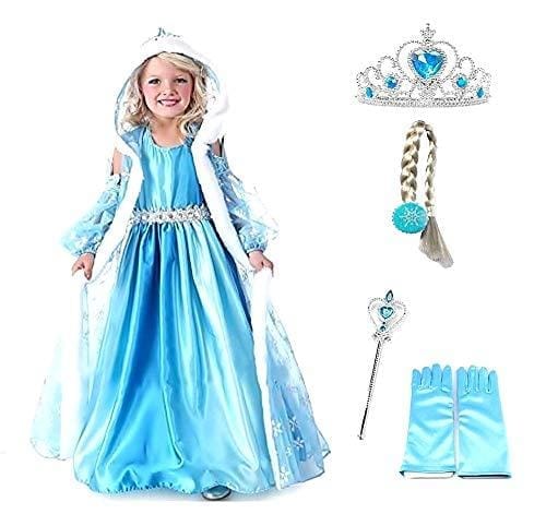 Disfraz de Elsa Frozen capucha corona varita halloween carnaval guantes trenza niña azul princesa talla 110 3/4 años idea de regalo original frozen