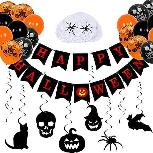 DESCUENTAZO 60% DESCUENTO GRESATEK Halloween Fiestas Decoración Set, Happy Halloween Pancarta, 13 Halloween Recortes Colgantes, 30 Halloween Temá Globos y 60g Telaraña para Halloween Interiores Exteriores Decoración