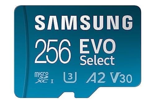 BUENA OFERTA 25% DESCUENTO Samsung EVO Select 256GB, microSD, A2, V30, 130 MB/s, FHD, 4K UHD, tarjeta de memoria con adaptador para Smartphone, Tablet, Cámara de Acción, Drone o Notebook, Color Azul (MB ME256KA)