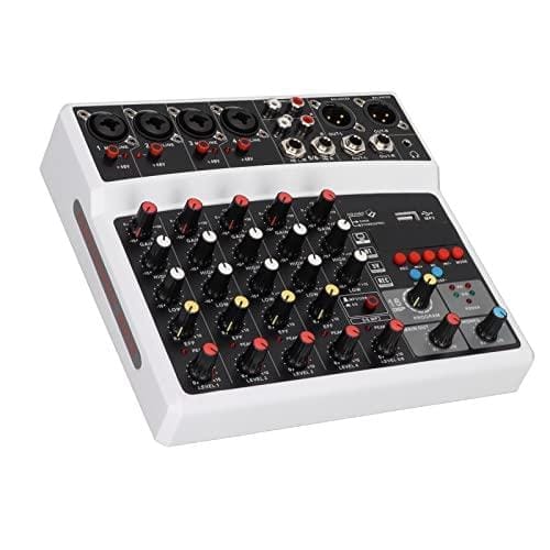Professioneller Audiomixer Soundboard Konsole, 6 Kanal Bluetooth Audiomixer mit Soundkarte, 48V Phantomspeisung, 16 DSP Effekte, DJ Soundmixer für Live Übertragungen Karaoke(Weiß)