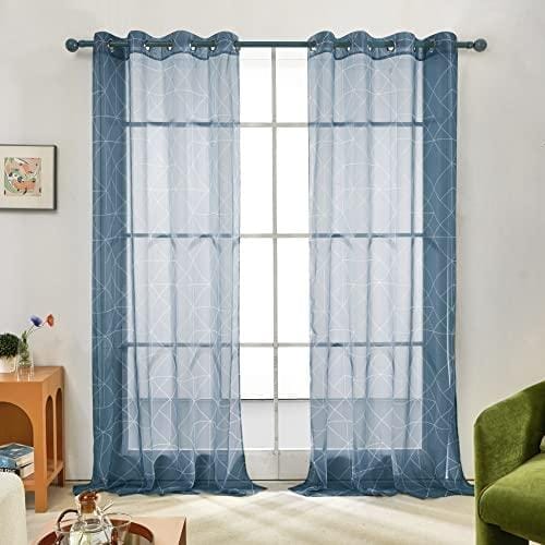 Deconovo Cortinas Translucidas Salon 2 Piezas Visillo para Decorativas Dormitorio Habitacion Moderna de Geometría 140x240cm Luca Lines+Azul Gris