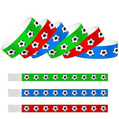 KINBOM 600 Piezas Pulseras de Neón, Pulseras de Papel de Colores Impresión de Fútbol Pulseras Impermeables para Eventos Fiestas con Temática Deportiva Cumpleaños Conciertos (Rojo, Azul, Verde)