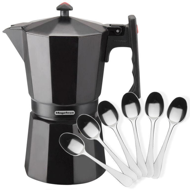 MAGEFESA ® Colombia Noir cafetera italiana negra + 6 cucharillas moka, fabricada en aluminio, apta para todo tipo de cocinas, EXCEPTO INDUCCION | Miravia