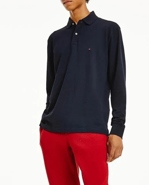 Polo piqué básico de hombre con algodón orgánico azul regular de manga larga – Primeriti