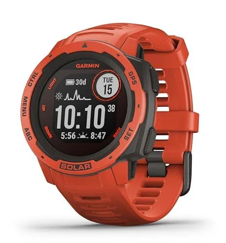 BUENA OFERTA 35% DESCUENTO Garmin Instinct Solar, Reloj inteligente con GPS resistente al agua, función de carga solar, funciones deportivas, pulsioximetría y notificaciones del smartphone, Rojo