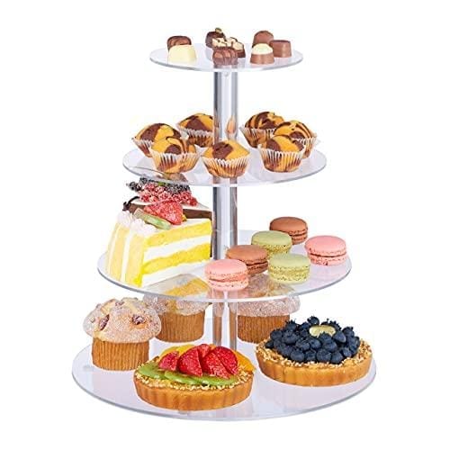 OFERTÓN SUPREMO 65% DESCUENTO Relaxdays Soporte Tartas, 4 Pisos, Redondo, Platos Cupcakes, Bandejas Galletas, Muffins, Quesos, Acrílico, Transparente, Metal, 30,5 x 30cm