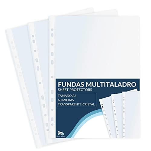 OFERTÓN SUPREMO 70% DESCUENTO Raylu Paper® Fundas multitaladro de polipropileno 100% reciclable, fundas para documentos de gran apertura, lomo reforzado. 100 unidades. (Transparente Cristal, A4 60 micras)