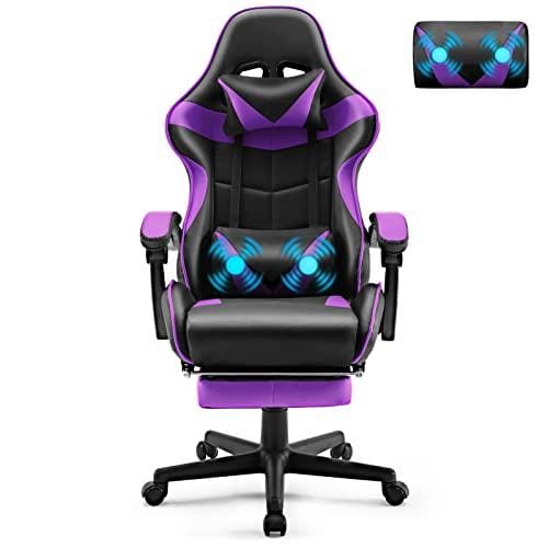 Soontrans Silla Gaming con Masajeador, Gamer con Reposapiés Reposacabeza, Ergonómica, Cojín Lumbar de Masaje, para Livesteam Youtube Playstation (Morado)