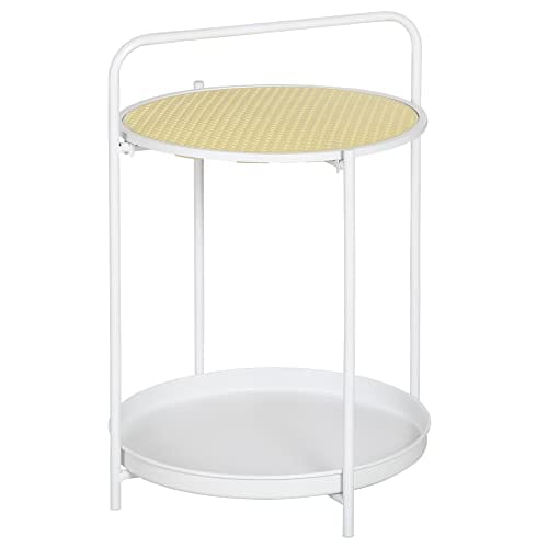 DESCUENTAZO 48% DESCUENTO HOMCOM Mesa Auxiliar Mesita de Sofá de Ratán Plástico con Bandeja Extraíble y Asa Portátil Mesita de Noche Redonda con Marco de Acero para Dormitorio Oficina 43,5×42,5×60 cm Blanco
