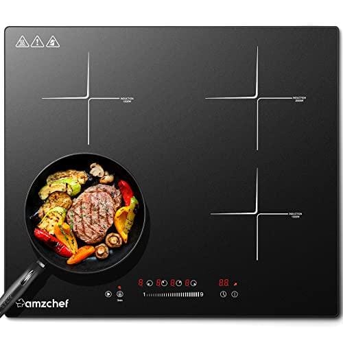 AMZCHEF placa induccion,placas de induccion 4 fuegos,cocina induccion,9 niveles de potencia,función de pausa,control táctil deslizante,bloqueo para niños,protección contra sobrecalentamiento,7000W