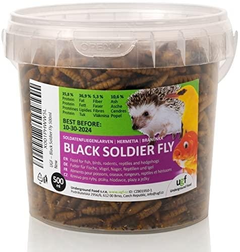 UGF larvas de moscas de soldado secas 500 mililitros cubo, hermetia como gusanos de la harina, alimento para pájaros silvestres todo el año, alimento para erizos, pienso para ardillas, comida para