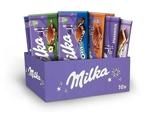 DESCUENTAZO 45% DESCUENTO Caja de tabletas Milka, Surtido de 5 sabores, Oreo, con Leche , Caramelo, Avellana troceada, Cremoso con leche, 10 tabletas x 100 g