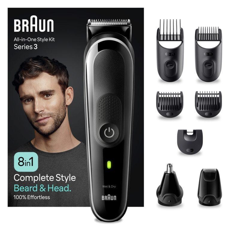Braun Series 3 MGK3440 recortadora todo en uno, kit 8 En 1 de afeitado diario para hombres, recorte de barba, cortar el pelo, recortadora para nariz y orejas y más, con lámina ultraafilada, resistente al agua, recargable, 80 min de autonomía inalámbrica | Miravia