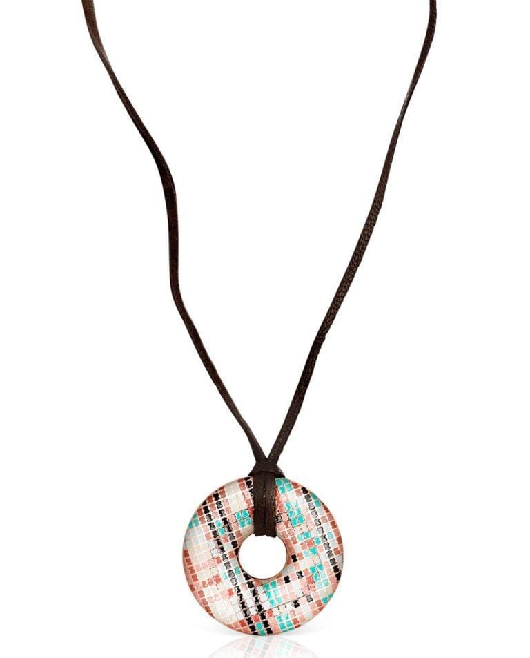 Collar Tartan disco con baño de oro 18 kt sobre plata rosa con esmalte y cuero marrón · Tous