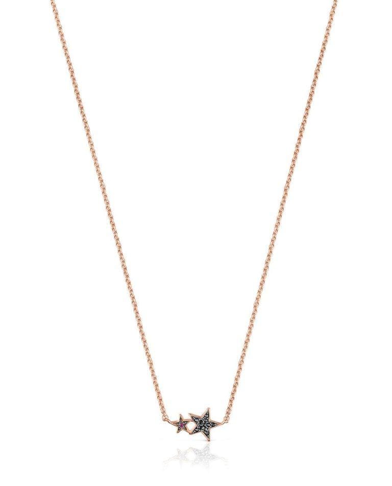 Collar Teddy Bear Stars con baño de oro 18 kt sobre plata rosa con estrellas de espinelas y rubíes · Tous