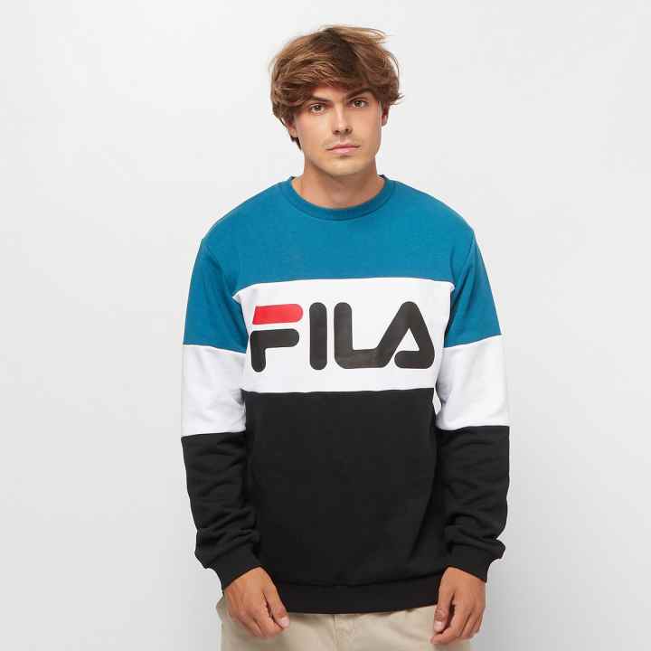 Fila Sudadera Straight Blocked para Hombre. Sudadera Urbana y Estampada, Cuello Redondo, Cintura y Puños Elástica, Diseño Moroccan Blue, Negro y Blanco. | Miravia