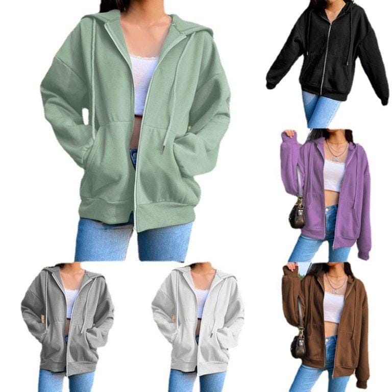 Sudadera con capucha de lana de Color sólido, sudaderas de moda coreana, Top de manga larga, bolsillos con cordón, sudaderas sueltas con cremallera, Otoño, negro | Miravia