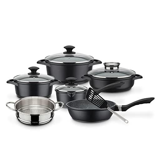DESCUENTAZO 57% DESCUENTO GSW 414562 Gourmet Granit Batería de cocina (10 piezas, aluminio, vidrio, plástico, acero inoxidable), color negro