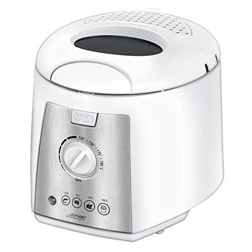 MPM MFR 07 Freidora eléctrica compacta 1,5 litros cubeta desmontable lavable antiadherente, regulador hasta 190°C, libre BPA, 1100W, Blanco