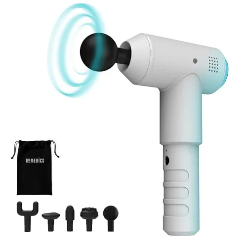 HoMedics Pistola de Masaje profesional Physio inalámbrica, Masajeador Muscular de Percusión del Tejido Profundo, 5 Cabezales de masaje y 3 intensidades para Relajación y Recuperación, color Blanco