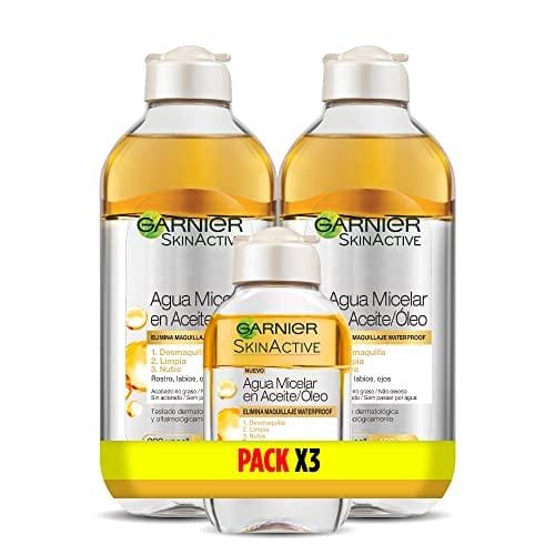 Garnier Skin Active Agua Micelar en Aceite, Elimina el Maquillaje de Larga Duración y Waterproof, Desmaquilla, Limpia y Nutre Labios, Ojos y Rostro, Pack 2x400ml +1 x100ml