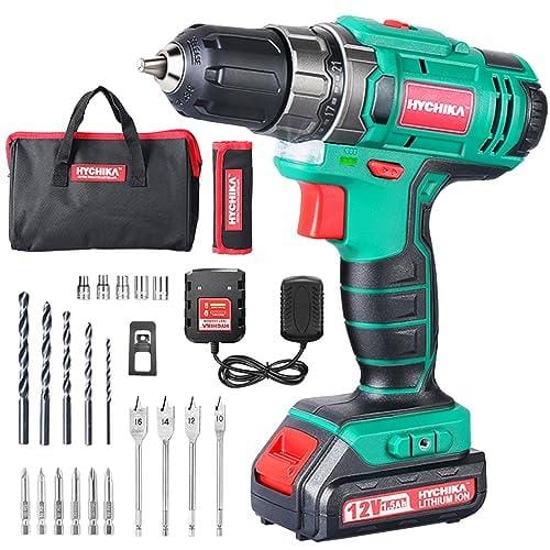 Taladro Atornillador 12V, HYCHIKA Destornillador Eléctrico, 30N.m Atornillador Eléctrico, 21+1 Ajustes Par, 2 Velocidad ajustable, 23 Accesorios, Luz LED, Atornillador a Batería, Cargador Rápido