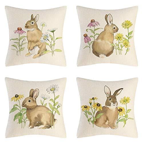 57% DESCUENTO AMZQJD Juego de 4 Fundas de Almohada de algodón con diseño de Conejos de Pascua (45 x 45 cm, Conejos)