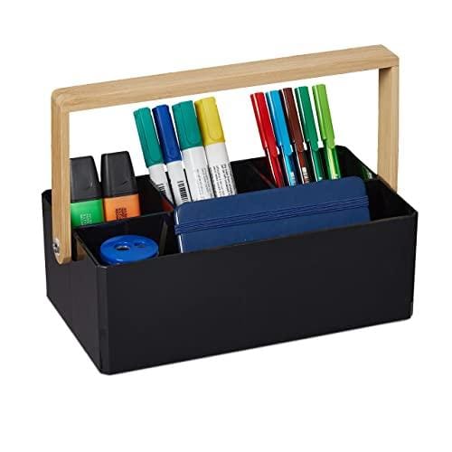 DESCUENTAZO 41% DESCUENTO Relaxdays Organizador Escritorio con Asa de Bambú, 4 Espacios, Portátil, Caja Organización, 8,5x26x16 cm, Negro