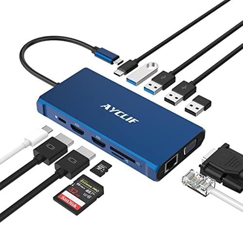 AYCLIF 12 en 1 USB C Hub Triple Display Thunderbolt 3 Dual HDMI Multiport Adaptador con VGA+Ethernet+100W PD + USB C+4 USB+SD/TF Dock para DELL/HP/Lenovo/MacBook Pro
