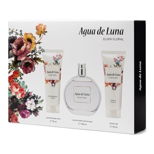 AGUA DE LUNA Elixir Floral, Perfume 100 ml + Gel de Baño 75 ml + Loción Corporal 75 ml, Perfume de Mujer, Pack 3 Unidades, Eau de Toilette Femenina, Fresca y Duradera, Vibrante y Natural