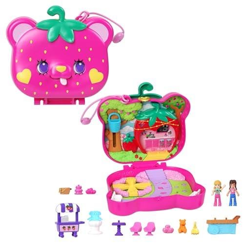 Polly Pocket Estuche Osito Fresa Set de juego con muñecas y accesorios, juguete +4 años (Mattel HRD35)