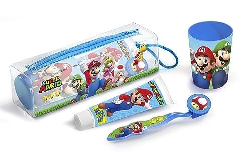 DESCUENTAZO 50% DESCUENTO Super Mario Set Infantil De Higiene Dental con Neceser, Pasta de Dientes 75ml, Cepillo Dental con Capuchón y Vaso Decorado, Multicolor