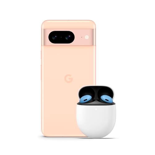 BUENA OFERTA 21% DESCUENTO Google Pixel 8 Smartphone Android Libre con teleobjetivo, batería de 24 Horas y Pantalla Super Actua Rosa, 256GB + Pixel Buds Pro Auriculares inalámbricos Celeste