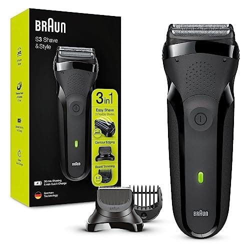32% DESCUENTO Braun Series 3 Afeitadora Eléctrica Hombre, Máquina de Afeitar Barba 3 En 1 con Recortadora De Precisión Para La Barba Y 5 Peines, Recargable E Inalámbrica, Shave&Style, 300BT, Negro