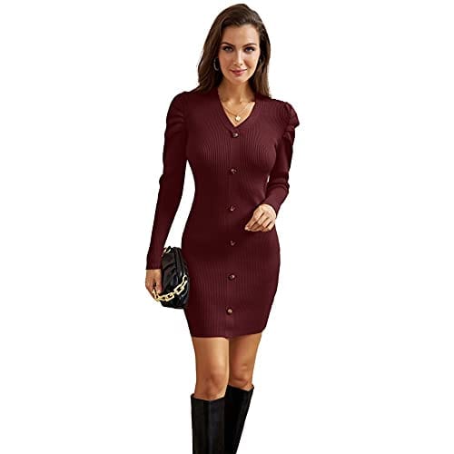 Vestido de Punto hasta la Rodilla para Mujer Vestido de cóctel con Manga abullonada y Botones Vestido de Punto de Color sólido Retro Vintage Mini Vestido CL0548A21 3_2XL