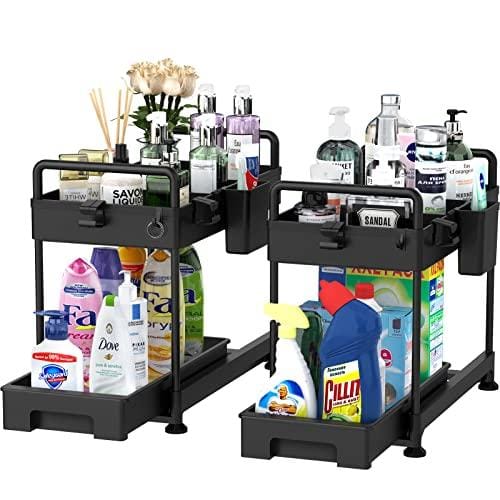 DESCUENTAZO 52% DESCUENTO SOLEJAZZ Organizador de 2 niveles debajo del fregadero, organizador deslizante debajo del gabinete del baño con ganchos, taza colgante, organizador multiusos debajo del fregadero, negro, paquete de 2