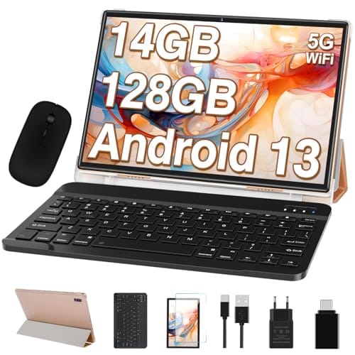 Oangcc Android 13 Tablet 10 Pulgadas,14GB RAM+128GB ROM(TF 1TB),Octa Core 2.0GHz, 5G/2.4G WiFi, Baterías 8000mAh, BT 5.0, Widgets | 5+8MP | GPS | Certificado Google Tablets con Ratón y Teclado Oro