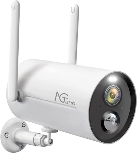 NGTeco Cámara de Seguridad al Aire Libre (2.4g WiFi), con Batería de 9000MA, Alarma de Detección de Movimiento Pir, Visión Nocturna de Focos de Color, Audio Bidireccional, con Alexa C5400