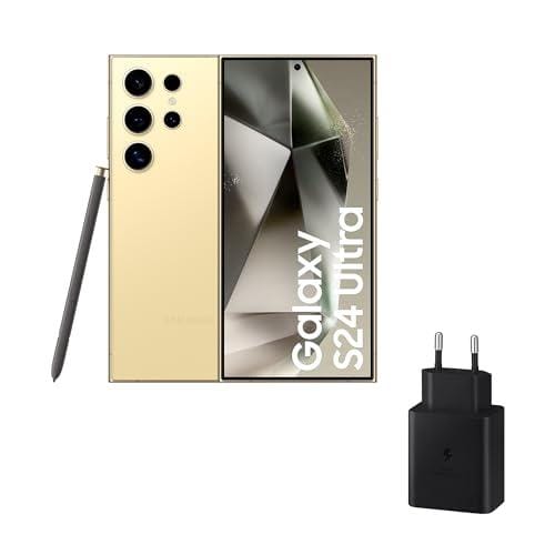 SAMSUNG Galaxy S24 Ultra y Cargador 45W, Teléfono Móvil con IA, Smartphone Android, 12 GB RAM, 256 GB Almacenamiento, Cámara 200MP, S Pen, Batería Larga Duración, Amarillo Titanium (Versión Española)