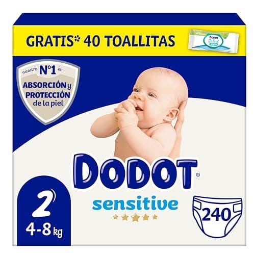 BUENA OFERTA 25% DESCUENTO Dodot Pañales Bebé Sensitive Talla 2 (4 8 kg), 240 Pañales + 1 Pack de 40 Toallitas Gratis Cuidado Total Aqua, Óptima Protección de la Piel de Dodot, Pack Mensual