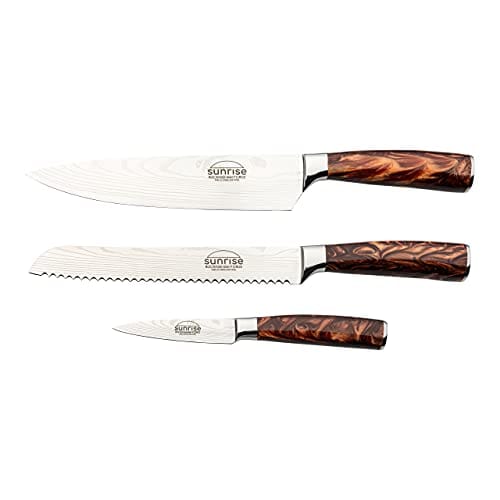 Rockingham Forge Juego de Cuchillos de Cocina de 3 Piezas, Serie Sunrise, Marrón Ambarino – Cuchillo de Cocinero, Cuchillo Para Pelar, Cuchillo Para Pan, RF 2130/3BR