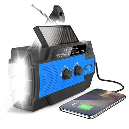 Greadio Radio solar con manivela, radio portátil AM/FM con dinamo recargable de 4000 mAh con linterna brillante, lámpara de lectura, sensor de movimiento, alarma SOS de emergencia, color azul