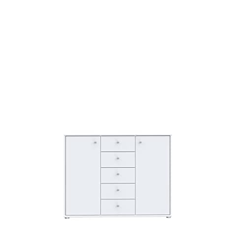 Forte Tempra 2 Cómoda con 2 puertas y 5 cajones, derivado de madera, blanco, An x Al x P: 108,8 x 85,5 x 34,8 cm