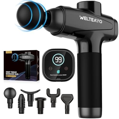 DESCUENTAZO 50% DESCUENTO WELTEAYO Pistola de Masaje Muscular, Pistola Masaje con 30 Velocidades y 6 Cabezales de Masaje, Eléctrico Massage Gun Muscular 3200rpm con Pantalla Táctil LCD para Aliviar el Dolor Cuello Hombro