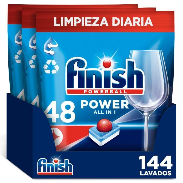 Finish Poweball Power All in 1 Pastillas para lavavajillas Regular 144 pastillas, Limpieza y Brillo Diario | Miravia