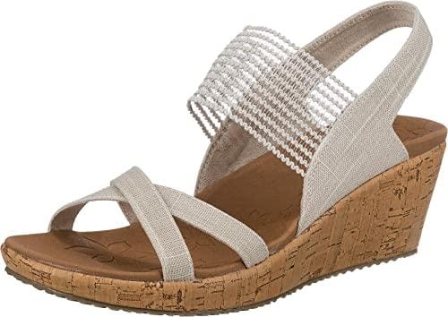 40% DESCUENTO Skechers BEVERLEE HIGH TEA, Sandalias de Punta Descubierta para Mujer, Natural Sparkle Linen/ Gore Trim, 38 EU