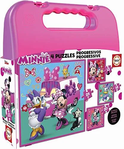 OFERTÓN SUPREMO 73% DESCUENTO Educa 4 Puzzles Infantiles Minnie Ayudantes Felices | Maleta con 4 Puzzles progresivos | A Partir de 3 años (17638)