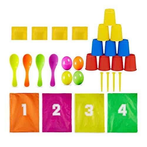 DESCUENTAZO 49% DESCUENTO Relaxdays Juegos Fiestas Infantiles, 3 en 1, Cumpleaños Jardín, Carrera Sacos y Huevos, Lanzamiento de Latas, Multicolor, Varios Tamaños (10028884)