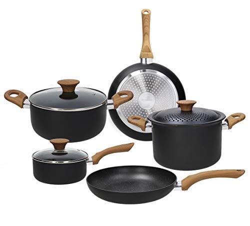 DESCUENTAZO 42% DESCUENTO Tognana Rock In Wood, Batería de ollas y sartenes, Juego de 2 sartenes, 2 cacerolas, 1 pastelera, 2 tapas transparentes, 1 tapa con agujeros, 8 piezas, aluminio, negro