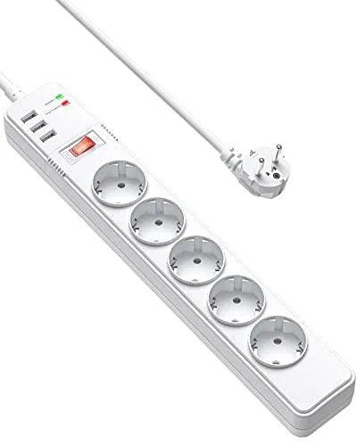 Regletas Enchufes de 5 Tomas Corrientes y 3 Puertos USB, Alargador Enchufe (4000W 16A) con Proteccion contra Sobrecarga y Interruptor, Regleta Enchufes Proteccion Sobretension, Cable de 2m, Blanco